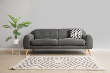 Kanepe, yastık ve çiçek desenli minimalizm tarzında.