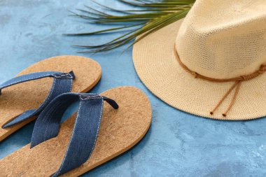 Bir çift parmak arası terlik ve grunge mavi arka planda palmiye yaprakları.