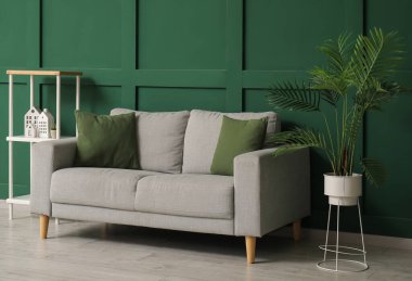 Rahat kanepesi, çiçekleri ve rafları olan şık bir oturma odası.