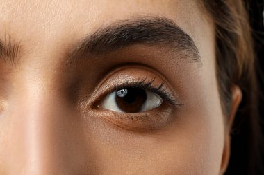 Siyah arka planda kahverengi gözlü genç kadın, yakın plan.