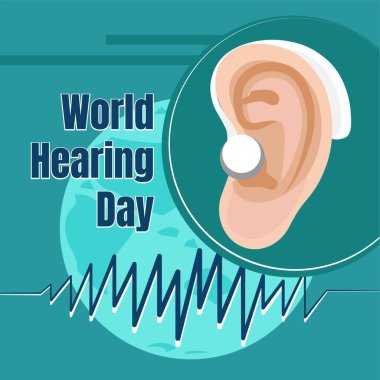 Mavi arkaplanda kulaklık ve işitme cihazıyla Dünya Duruşma Günü için afiş