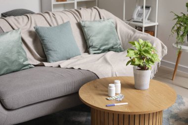 Hamilelik testi. Hamilelik testi. Hap ve bitki oturma odasında.