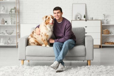 Avustralya çoban köpeği olan genç adam evdeki kanepede oturuyor.