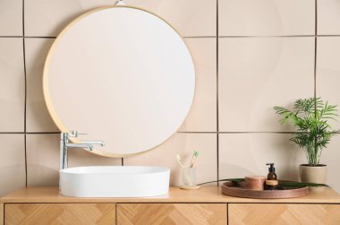 Banyonun içinde ayna, lavabo ve aksesuarlar var.