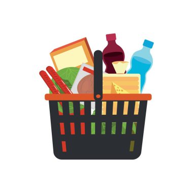 Beyaz arka planda yiyecek olan alışveriş sepeti