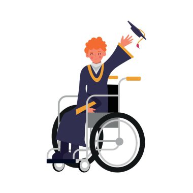 Tekerlekli sandalyede beyaz arka planda erkek mezun.