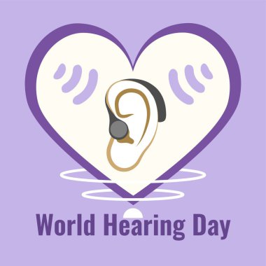 Leylak arka planında kulaklık ve işitme cihazıyla Dünya Duruşma Günü afişi