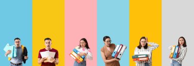 Renk arkaplanı üzerine son teslim tarihini doldurmaya çalışan belgeyle bir grup stresli işçi