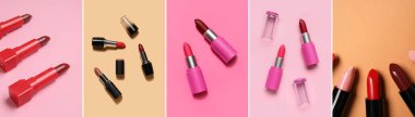 Renk arkaplanındaki farklı ruj kolajı