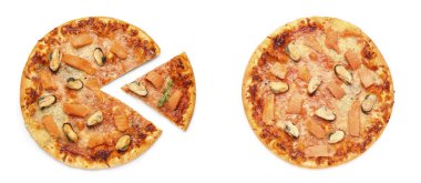 Beyaz arka planda lezzetli deniz ürünleri pizzası kolajı.