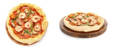 Beyaz arka planda lezzetli deniz ürünleri pizzası kolajı.