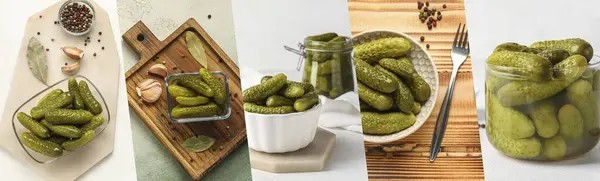 Set of tasty pickling cucumbers on table