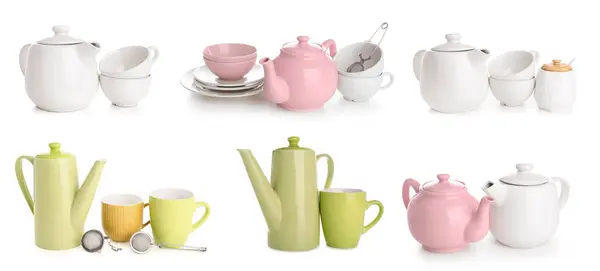 Набір Керамічних Чайників Чашок Тарілок Чаю Білому Тлі — стокове фото