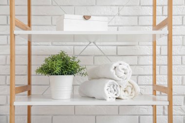 Şık bir banyonun içinde ev bitkisi ve havlular olan raf ünitesi, yakın plan.