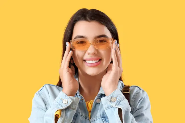 Beautiful Young Woman Stylish Sunglasses Yellow Background — Stock Photo, Image
