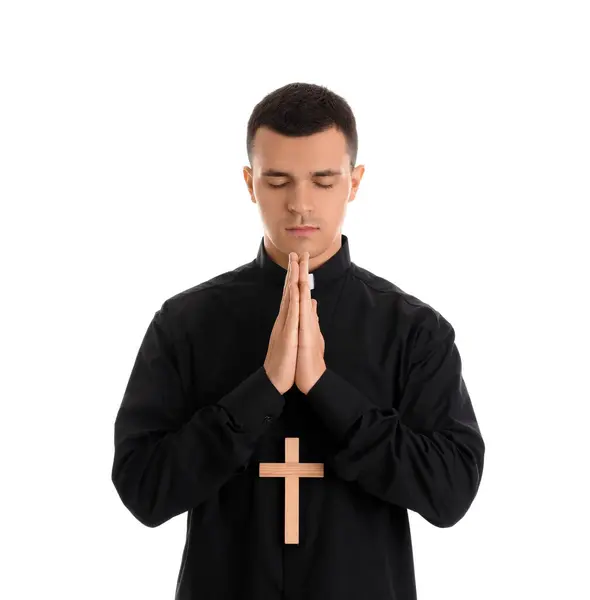 Young Priest Cross Paying White Background — Stock Photo, Image