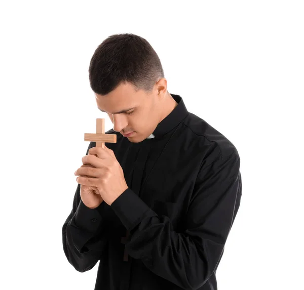 Young Priest Cross Praying White Background — Stock Photo, Image