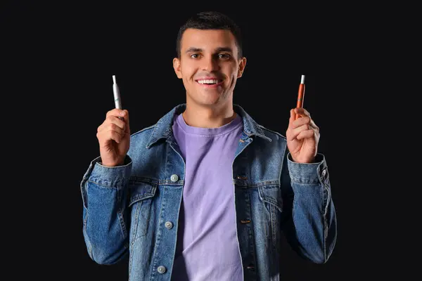 Young Man Electronic Cigarettes Black Background — Stock Photo, Image