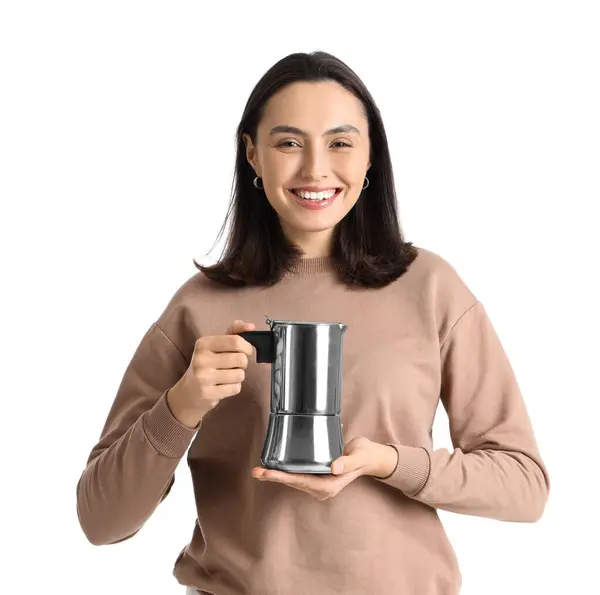 Pretty Young Woman Geyser Coffee Maker White Background — Stock Photo, Image