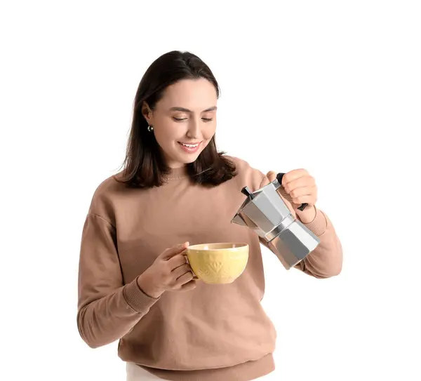 Pretty Young Woman Pouring Espresso Geyser Coffee Maker Cup White — Stock Photo, Image
