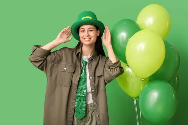 Beautiful Young Woman Leprechaun Hat Air Balloons Green Background Patrick — Stock Photo, Image