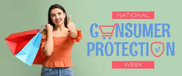 Banner for National Consumer Protection Week with happy woman with shopping bags showing thumb-up