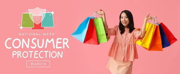 Banner for National Consumer Protection Week with Asian women with shopping bags