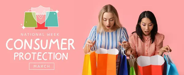 Banner for National Consumer Protection Week with surprised young women with shopping bags