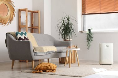 Oturma odasının içinde hava temizleyici ve kanepe var.