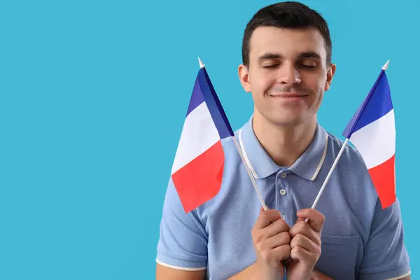 Young Man Flags France Blue Background Closeup — Stock Photo, Image