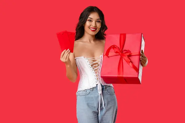 Beautiful Young Happy Asian Woman Gift Box Envelopes Red Background — Stock Photo, Image