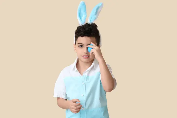 Cute Little Boy Bunny Ears Easter Egg Beige Background — Stock Photo, Image