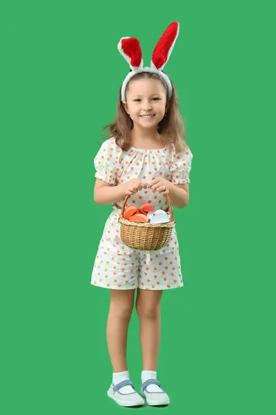 Cute Little Girl Bunny Ears Wicker Basket Green Background Easter Stock Photo