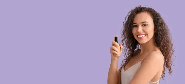 Beautiful African American Woman Holding Hair Spray Lilac Background Space — Stock Photo, Image