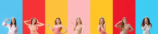 stock image Set of different young girls in prom dresses on color background