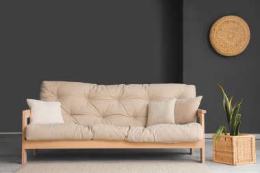 Kanepesi ve bitkisi olan şık bir oturma odası.