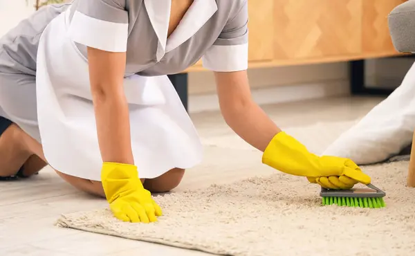 Chambermaid cleaning carpet with brush in hotel room