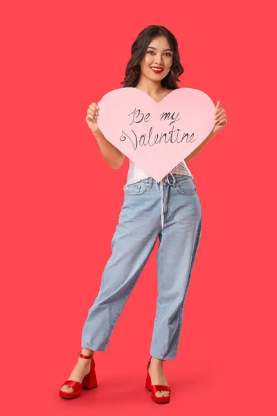 Beautiful Young Happy Asian Woman Paper Heart Red Background Valentine — Stock Photo, Image