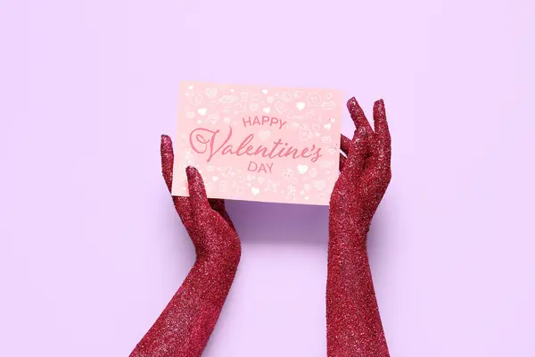 Mãos Femininas Cobertas Com Brilho Cartão Para Celebração Dia Dos — Fotografia de Stock