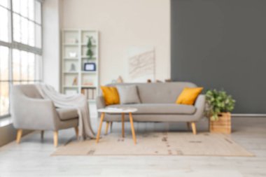 Rahat kanepesi ve raf ünitesi olan, bulanık manzaralı, şık bir oturma odası.