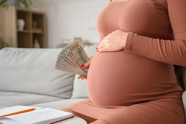 Young pregnant woman with money sitting at home, closeup. Maternity Benefit concept