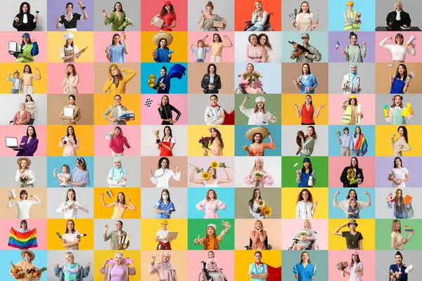 Grand Collage Belles Femmes Sur Fond Couleur — Photo