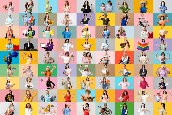 Big Collage Beautiful Women Color Background — Stock Photo, Image