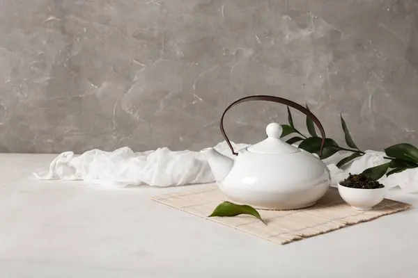 Bamboo Mat Teapot Bowl Dry Tea Light Background — Stock Photo, Image