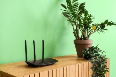 Yeşil duvarın yanında bitkileri olan modern Wi-Fi yönlendirici