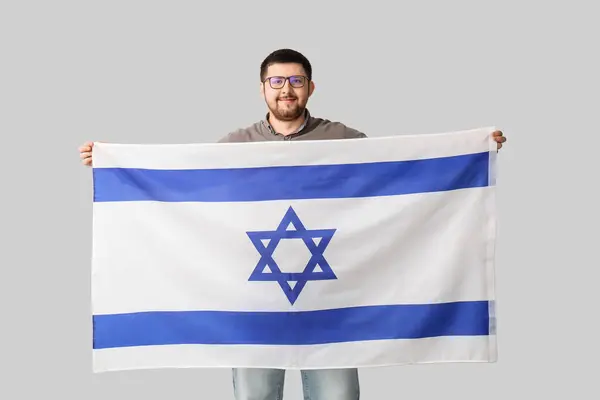 Young Jewish Man Flag Israel Light Background — Stock Photo, Image