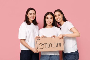 Pembe arka planda FEMINISM sözcüğüyle karton tutan güzel kadınların portresi