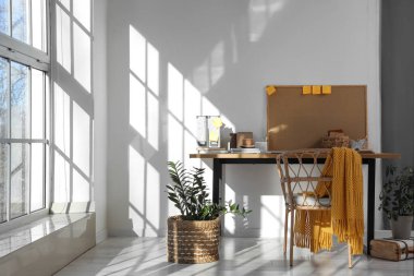 Ofisinde yapışkan notları olan ev bitkisi, sandalye ve pansiyon olan bir işyeri.