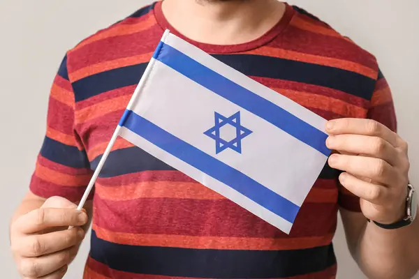 Young Jewish Man Flag Israel Light Background Closeup — Stock Photo, Image