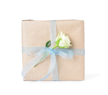 Mavi fiyonklu hediye kutusu ve beyaz arka planda güzel bir gül. Uluslararası Kadınlar Günü